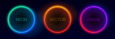Set of glowing neon frames. Collection of round neon borders. Abstract background in vibrant colors with copy space. Stock vector futuristic design elements.のイラスト素材