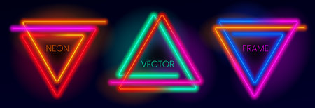 Set of glowing neon frames. Collection of triangle neon borders. Abstract background in vibrant colors with copy space. Stock vector futuristic design elements.のイラスト素材