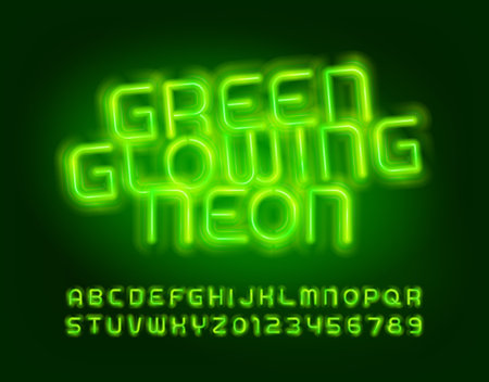 Green Glowing Neon alphabet font. Neon colors letters and numbers. Stock vector typescript for your design.のイラスト素材