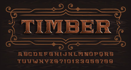 Timber alphabet font. Wooden letters and numbers with nails. Stock vector typescript for your design.のイラスト素材