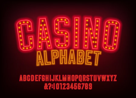 Casino alphabet font. Glowing neon letters, numbers and symbols. Stock vector typeface for your design.のイラスト素材