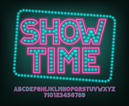 Show Time alphabet font. Bright neon letters, numbers and symbols. Stock vector typeface for your design.のイラスト素材