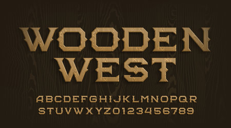 Wooden West alphabet font. Wooden letters and numbers in wild west style. Stock vector typescript for your design.のイラスト素材