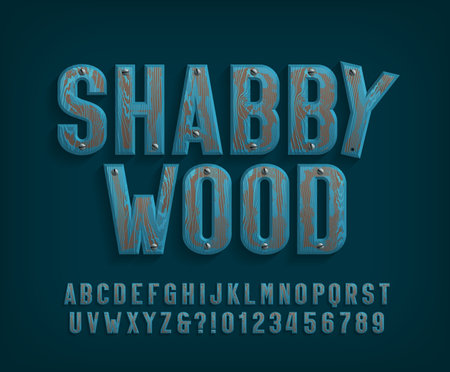 Shabby Wood alphabet font. Painted wooden letters and numbers with screws. Stock vector typescript for your design.のイラスト素材