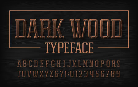 Dark Wood alphabet font. Chiseled letters and numbers with nails. Stock vector typescript for your design.のイラスト素材