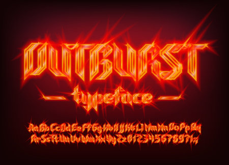 Outburst alphabet font. Electric letters and numbers in heavy metal style. Uppercase and lowercase. Retro typescript for your typography design.のイラスト素材