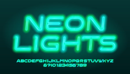Neon Lights alphabet font. Neon oblique letters and numbers. Stock vector typeface for your design.のイラスト素材