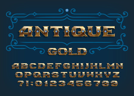 Antique Gold alphabet font. Golden letters and numbers inlaid blue gemstones. Stock vector typeface for your design.のイラスト素材