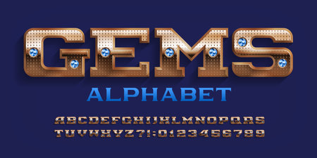 Gems alphabet font. Gold letters and numbers with blue gemstones. Stock vector typeface for your design.のイラスト素材