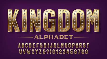 Kingdom alphabet font. Golden metal letters and numbers with diamonds. Stock vector typeface for your design.のイラスト素材