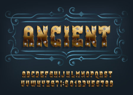 Ancient alphabet font. Gold letters and numbers inlaid gemstones. Stock vector typeface for your design.のイラスト素材