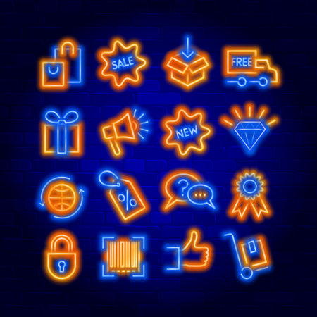Web commerce vector neon icons set. Neon colors symbols for your online store.のイラスト素材