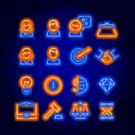 People and financial vector neon icons set. Neon colors symbols for your online store.のイラスト素材