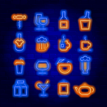 Drink vector neon icons set. Neon colors symbols for your design.のイラスト素材