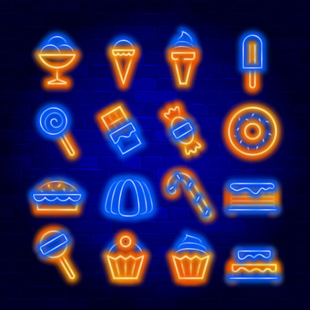Dessert food vector neon icons set. Neon colors symbols for your design.のイラスト素材
