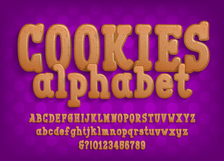 Cookies alphabet  font. Cartoon cookie letters and numbers. Uppercase and lowercase. Stock vector typeface for your typography design.のイラスト素材