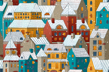 Old winter town seamless background. Hand drawn colorful houses with snow roofs. Winter holidays vector background.のイラスト素材