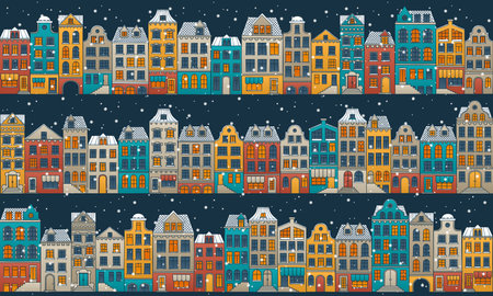 Vector seamless background with a cartoon winter town. Hand drawn colorful houses with falling snow. Winter holidays vector background.のイラスト素材