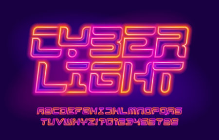 Cyber Light alphabet font. Neon colors futuristic letters and numbers. Stock vector typeface for your design.のイラスト素材