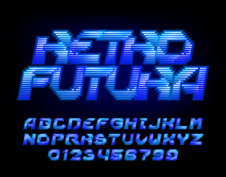 Retro Futura alphabet font. Neon colors letters and numbers. Stock vector typeface for your design.のイラスト素材