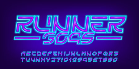 Runner 3049 alphabet typeface. Futuristic glowing neon letters and numbers. Stock vector typescript for your design.のイラスト素材