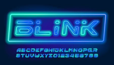 Blink alphabet font. Futuristic neon letters and numbers. Stock vector typeface for your design.のイラスト素材