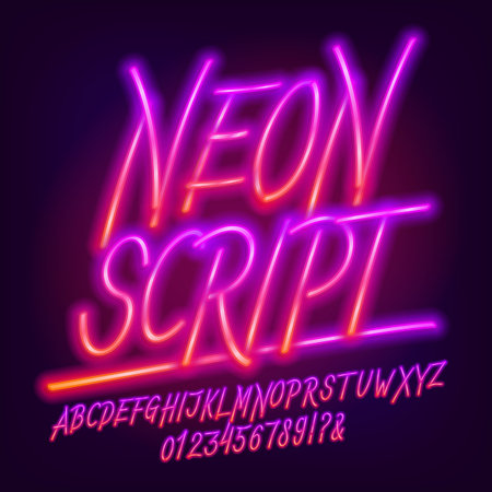 Neon Script alphabet font. Bright neon letters and numbers. Stock vector typeface for your design.のイラスト素材