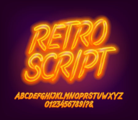 Retro Script alphabet font. Bright neon letters and numbers. Stock vector typeface for your design.のイラスト素材
