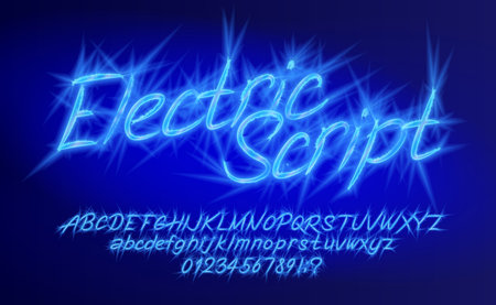 Electric Script alphabet font. Bright letters and numbers. Uppercase and lowercase. Stock vector typeface for your design.のイラスト素材