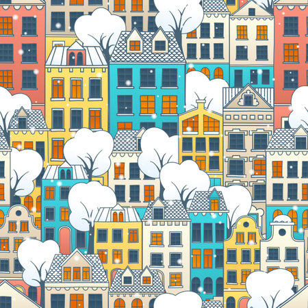 Winter seamless background with a old town. Hand drawn colorful houses and snow trees. Winter holidays vector background.のイラスト素材