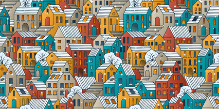 Winter town with falling snow seamless background. Hand drawn colorful townhouses with snow roofs. Winter holidays vector background.のイラスト素材