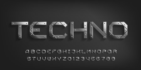 Techno alphabet font. Metal letters and numbers with rivets. Stock vector typeface for your typography design.のイラスト素材