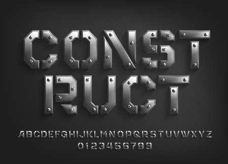 Construct alphabet font. Metal letters and numbers with screws. Stock vector typeface for your typography design.のイラスト素材