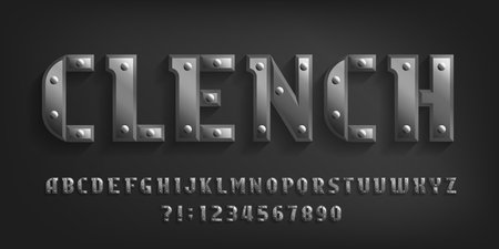 Clench alphabet font. Riveted metal letters and numbers. Stock vector typeface for your typography design.のイラスト素材