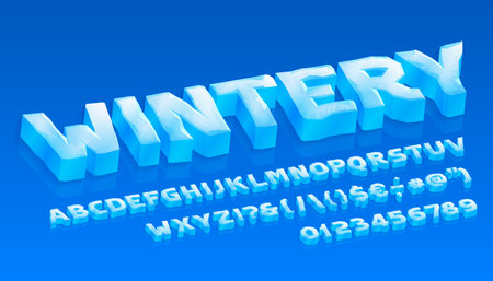Wintery alphabet font. 3D cartoon ice letters and numbers with reflections. Stock vector typeface for your typography design.のイラスト素材