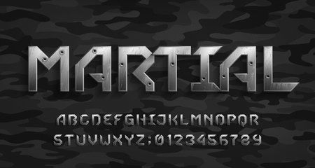 Martial alphabet font. Metal letters and numbers with bullet marks. Camo background. Stock vector typescript for your design.のイラスト素材