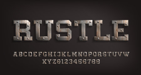 <p>Rustle alphabet font. Rust metal letters and numbers with rivets. Stock vector typeface for your typography design.</p>のイラスト素材