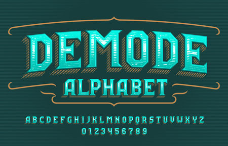 Demode alphabet font. Retro letters and numbers. Vector typescript for your typography design.のイラスト素材