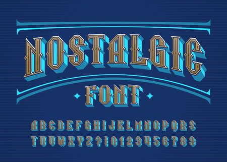 Nostalgic alphabet font. Vintage letters and numbers. Vector typeface for your typography design.のイラスト素材
