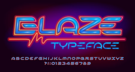 Blaze alphabet font. Neon light letters and numbers. Stock vector typeface for your typography in futuristic style.のイラスト素材
