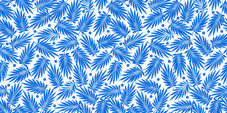 Abstract floral seamless background. Blue leaves and berries on white. Stock vector illustration.のイラスト素材