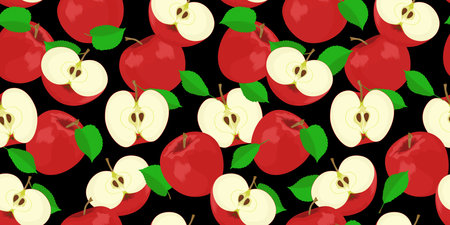 Seamless background with red apples and leaves on a black. Hand drawn endless pattern. Stock vector illustration.のイラスト素材