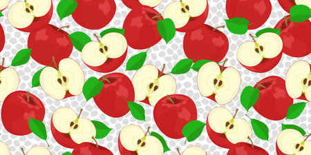 Seamless pattern with red apples and leaves on a bright background. Stock vector illustration.のイラスト素材