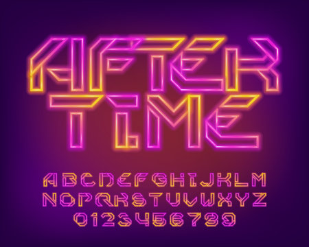 Aftertime alphabet font. Neon colors letters and numbers. Stock vector typescript for your design.のイラスト素材