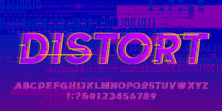 Distort alphabet font. Distorted letters and numbers on a glitched background. Vector typeface for your design.のイラスト素材