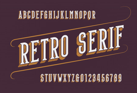 Retro Serif alphabet font. Narrow letters and numbers. Vector typescript for your typography design.のイラスト素材