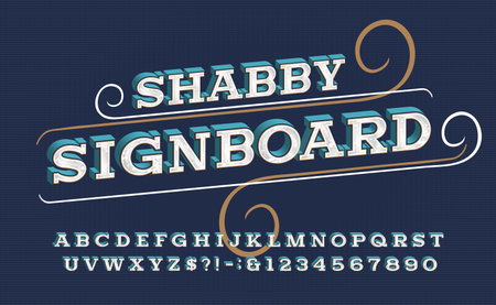 Shabby Signboard alphabet font. Retro letters and numbers. Vector typeface for your typography design.のイラスト素材