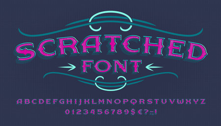 Scratched alphabet font. Vintage letters and numbers. Vector typeface for your typography design.のイラスト素材
