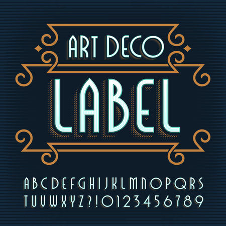 Art Deco Label alphabet font. Vintage letters and numbers. Vector typeface for your typography design.のイラスト素材