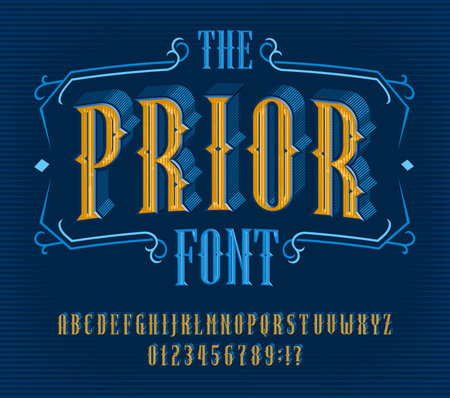 Prior alphabet font. Retro letters and numbers. Vector typeface for your typography design.のイラスト素材